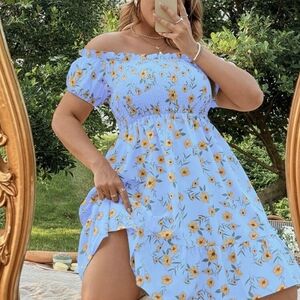 SHEIN Blue Floral Off-Shoulder Mini Dress